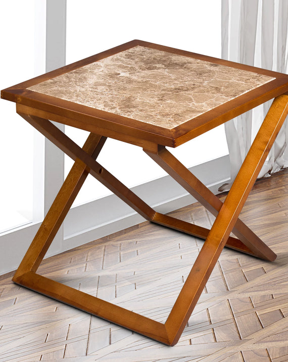 Wood and Marble X-Leg Side Table, Brown
