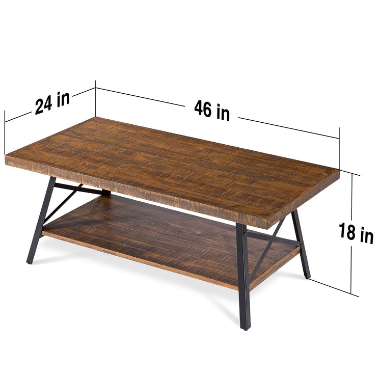 46" Cocktail Table Solid Wood, Steel Coffee Table with Shelf, Rustic