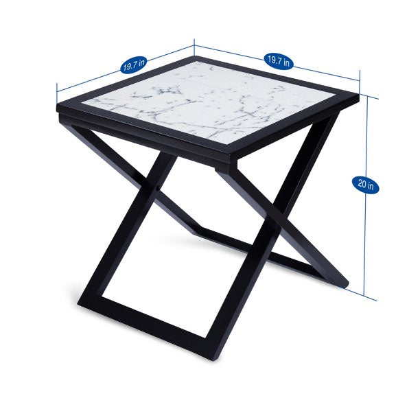 Wood and Marble X-Leg Side Table, White/Black