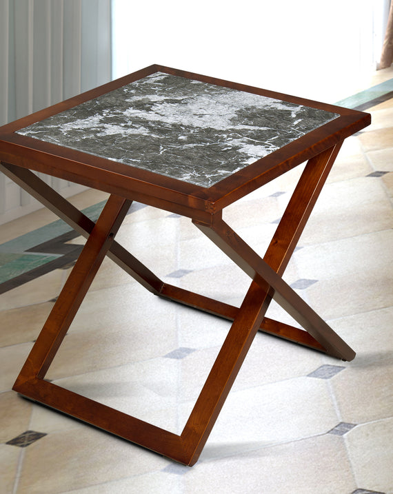 Wood and Marble X-Leg Side Table, Black/Brown