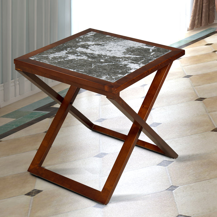 Wood and Marble X-Leg Side Table, Black/Brown